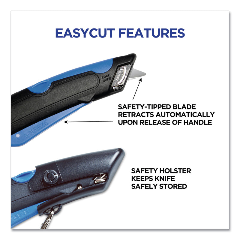 COSCO Easycut Self-Retracting Cutter with Safety-Tip Blade, Holster and Lanyard, 6" Plastic Handle, Black/Blue