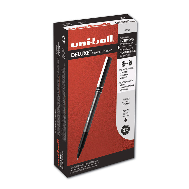 uniball Deluxe Roller Ball Pen, Stick, Micro 0.5 mm, Black Ink, Metallic Gray Barrel, Dozen