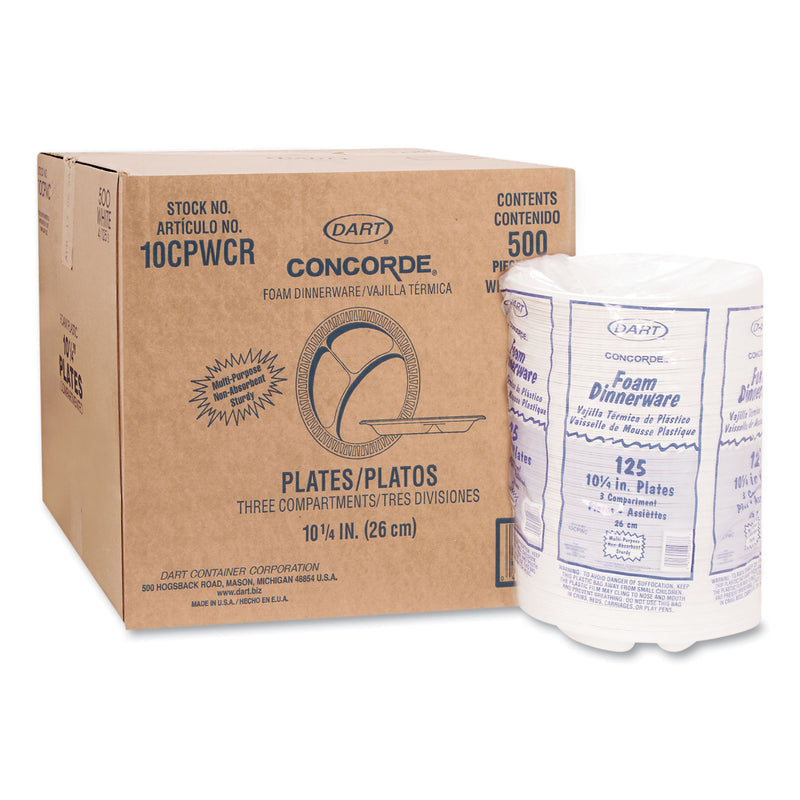 Dart Concorde Foam Plate, 3-Compartment, 10.25" dia, White, 125/Pack, 4 Packs/Carton