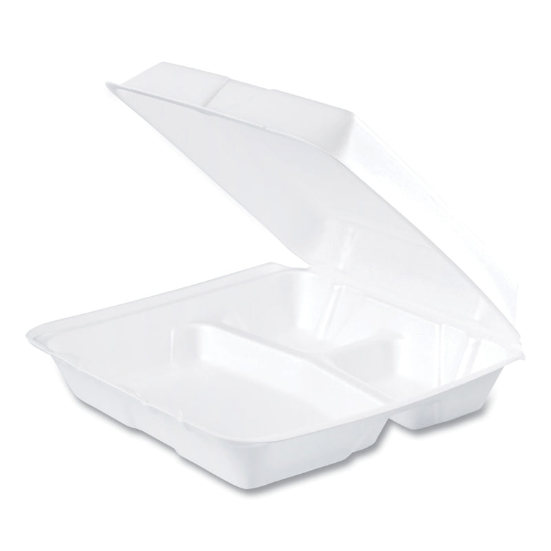 Dart Foam Hinged Lid Containers, 3-Compartment, 9.25 x 9.5 x 3, White, 200/Carton