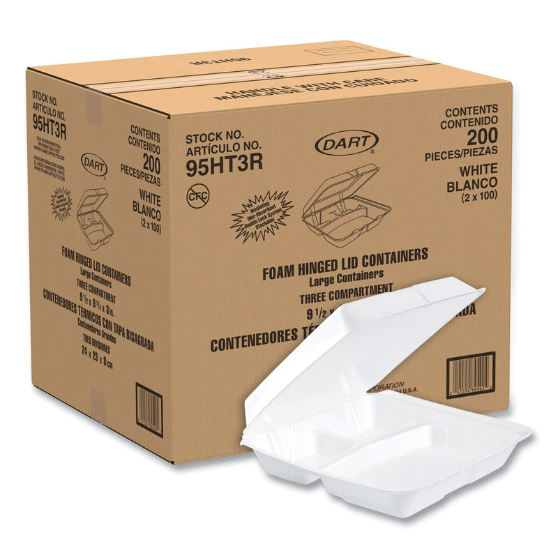 Dart Foam Hinged Lid Containers, 3-Compartment, 9.25 x 9.5 x 3, White, 200/Carton