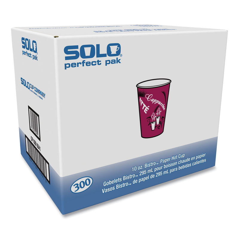 Dart Solo Paper Hot Drink Cups in Bistro Design, 10 oz, Maroon, 300/Carton