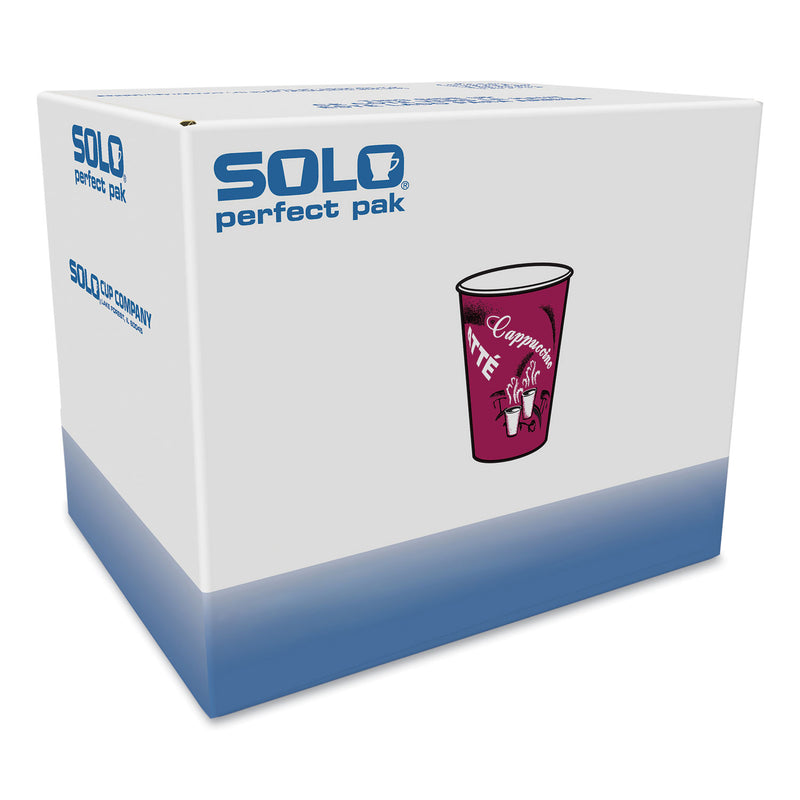 Dart Solo Paper Hot Drink Cups in Bistro Design, 12 oz, Maroon, 300/Carton