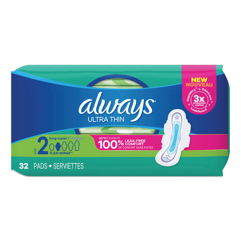 Always Ultra Thin Pads with Wings, Size 2, Long, Super Absorbent, 32/Pack