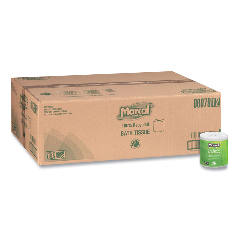 Marcal 100% Recycled 2-Ply Bath Tissue, Septic Safe, Individually Wrapped Rolls, White, 330 Sheets/Roll, 48 Rolls/Carton