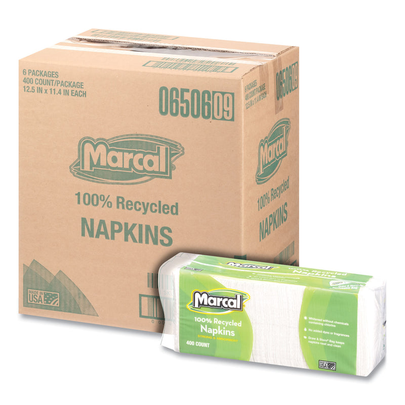 Marcal 100% Recycled Lunch Napkins, 1-Ply, 11.4 x 12.5, White, 400/Pack