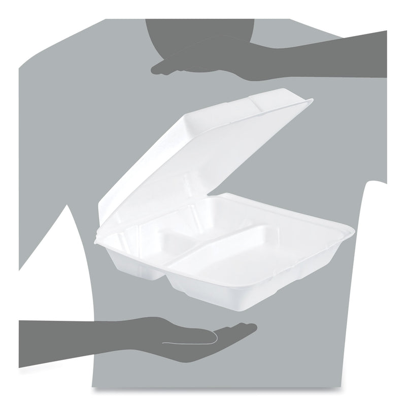 Dart Foam Hinged Lid Containers, 3-Compartment, 9.25 x 9.5 x 3, White, 200/Carton