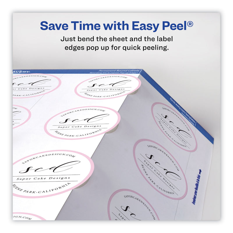 Avery Round Print-to-the Edge Labels with Sure Feed and Easy Peel, 2" dia, Glossy White, 120/PK