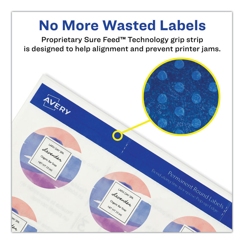 Avery Round Print-to-the Edge Labels with Sure Feed and Easy Peel, 2" dia, Glossy Clear, 120/PK