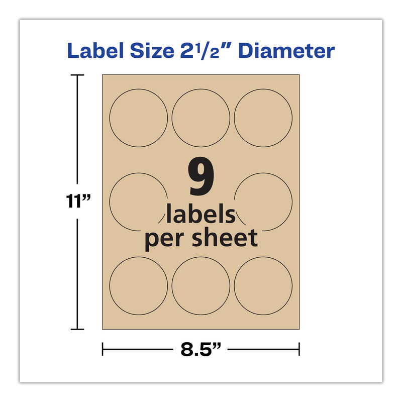 Avery Round Brown Kraft Print-to-the-Edge Labels, 2.5" dia, 225/PK
