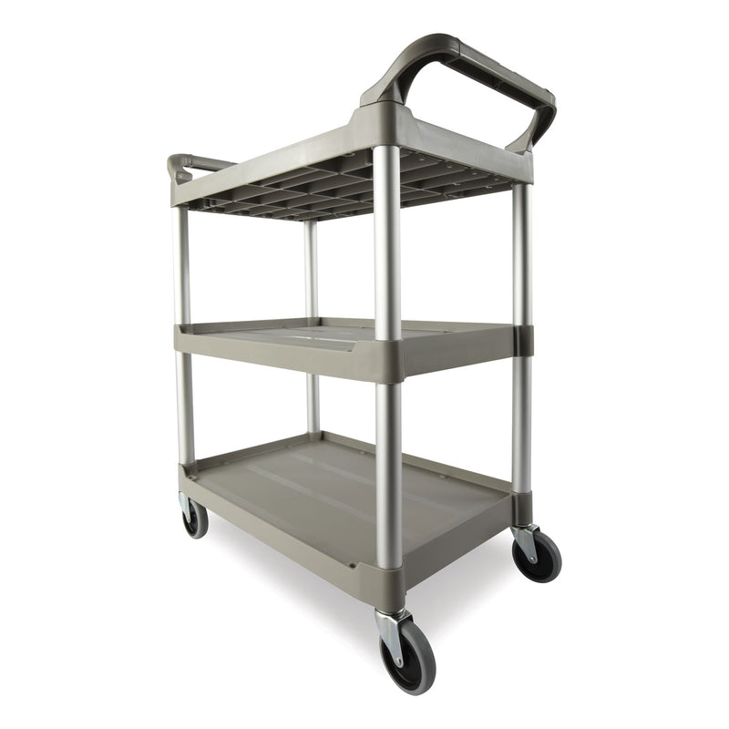 Rubbermaid Three-Shelf Service Cart, Plastic, 3 Shelves, 200 lb Capacity, 18.63" x 33.63" x 37.75", Platinum