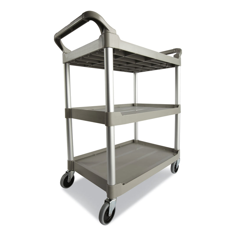 Rubbermaid Three-Shelf Service Cart, Plastic, 3 Shelves, 200 lb Capacity, 18.63" x 33.63" x 37.75", Platinum