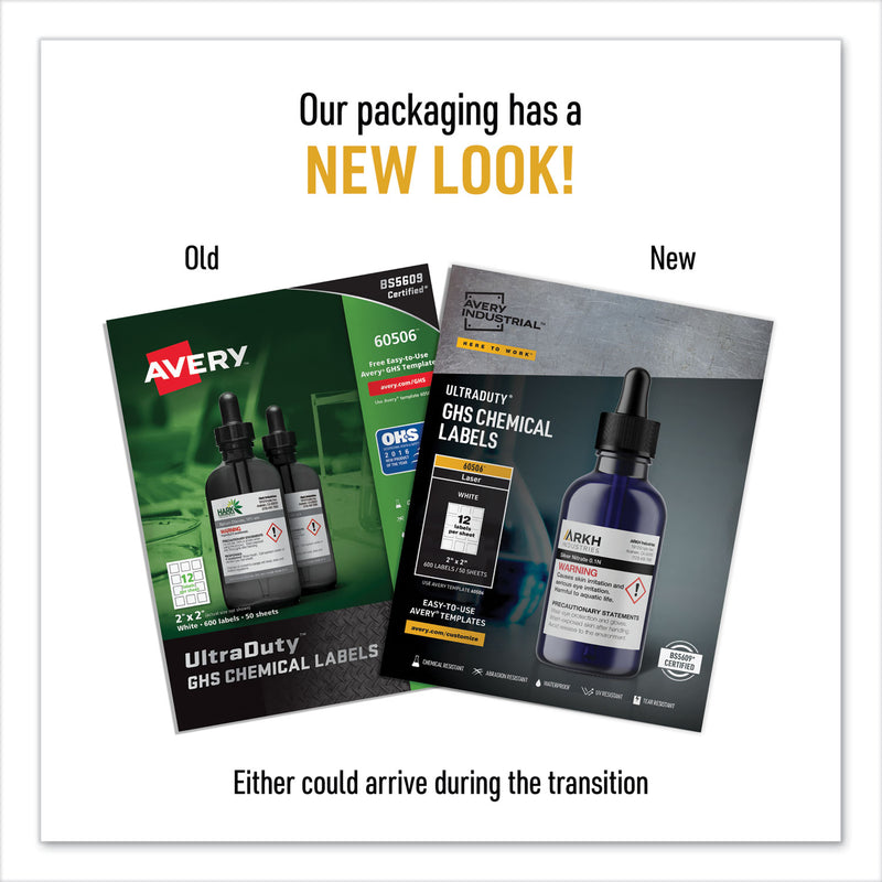 Avery UltraDuty GHS Chemical Waterproof and UV Resistant Labels, 2 x 2, White, 12/Sheet, 50 Sheets/Box