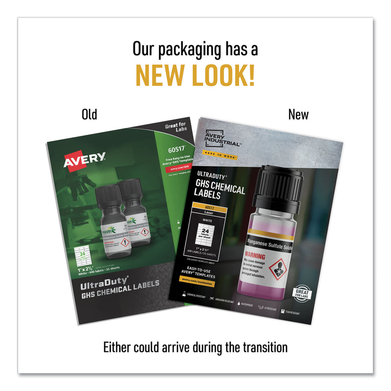 Avery UltraDuty GHS Chemical Waterproof and UV Resistant Labels, 1 x 2.5, White, 24/Sheet, 25 Sheets/Pack