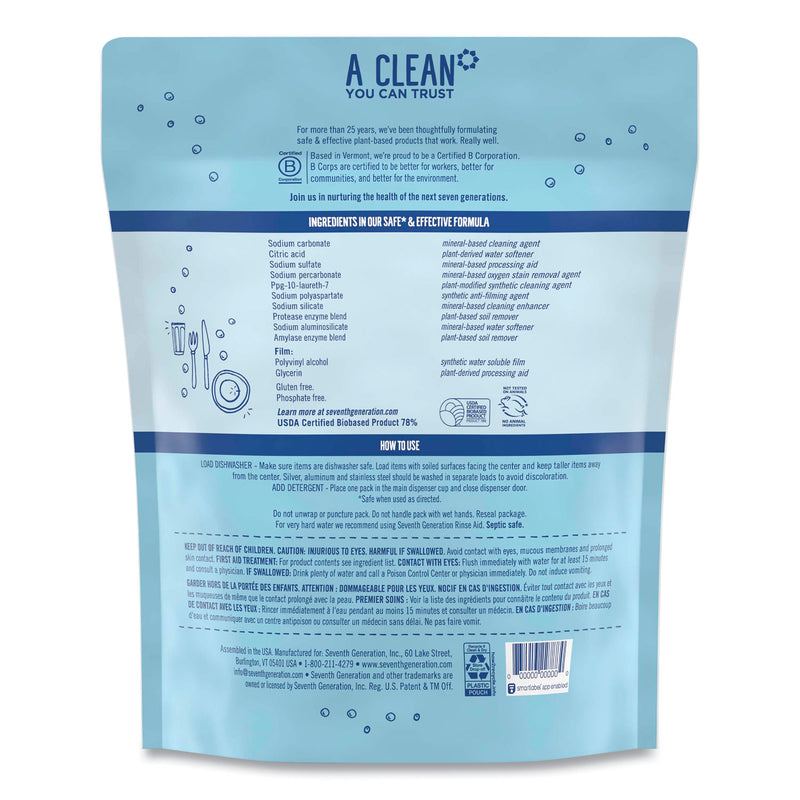 Seventh Generation Natural Dishwasher Detergent Concentrated Packs, Free and Clear, 45/Pack, 8 Packs/Carton