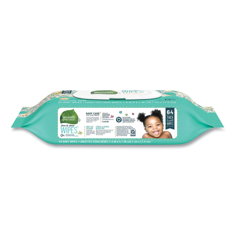 Seventh Generation Free and Clear Baby Wipes, 7 x 7, Unscented, White, 64/Flip Top Pack, 12 Packs/Carton