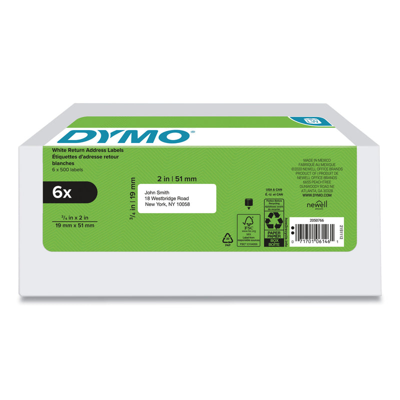 DYMO LW Address Labels, 0.75" x 2", White, 500 Labels/Roll, 6 Rolls/Pack