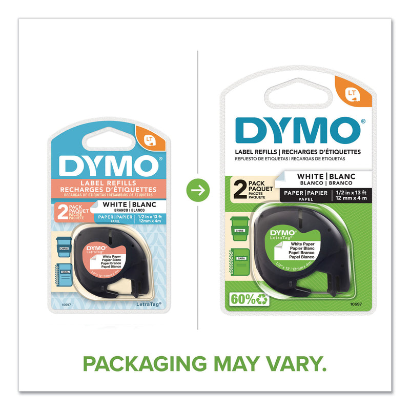 DYMO LetraTag Paper Label Tape Cassettes, 0.5" x 13 ft, White, 2/Pack
