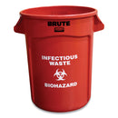 Rubbermaid Round Brute Container with "Infectious Waste: Biohazard" Imprint, Plastic, 32 gal, Red