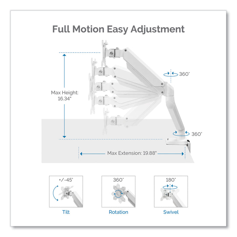 Fellowes Platinum Series Single Monitor Arm, For 27" Monitors, 360 deg Rotation, 45 deg Tilt, 180 deg Pan, White, Supports 20 lb