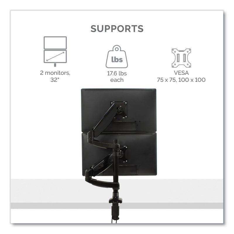 Fellowes Platinum Series Dual Stacking Arm for 27" Monitors, 360 deg Rotation, 180 deg Tilt, 360 deg Pan, Black, Supports 22 lb