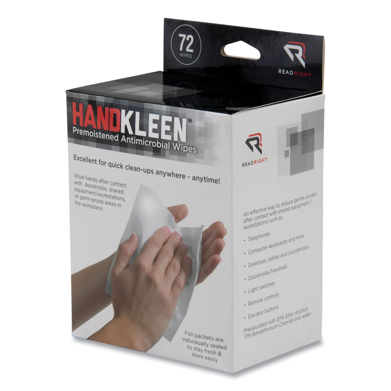 Read Right HandKleen Premoistened Antibacterial Wipes, 7 x 5, Foil Packet, 72/Box