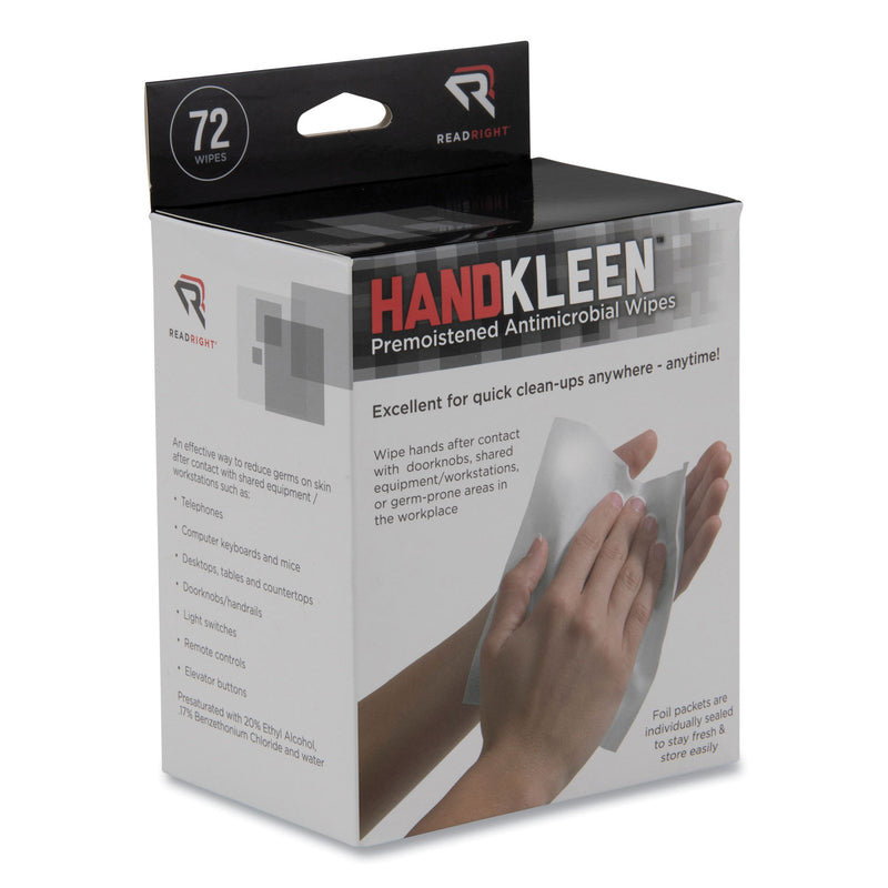 Read Right HandKleen Premoistened Antibacterial Wipes, 7 x 5, Foil Packet, 72/Box