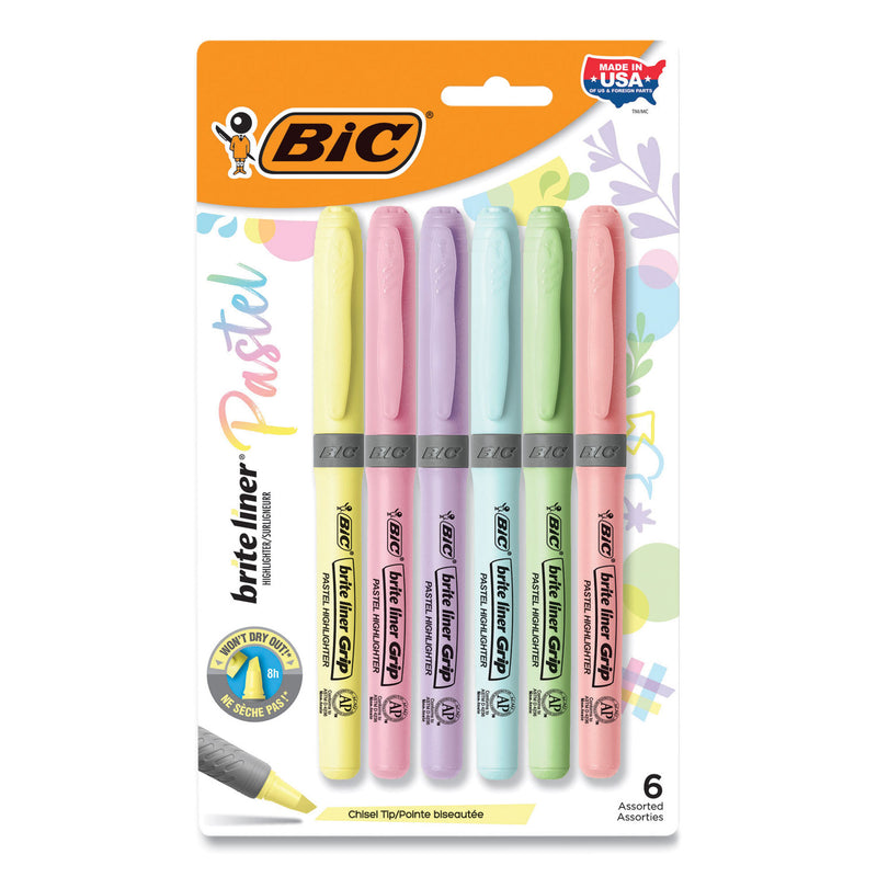 BIC Brite Liner Grip Pocket Highlighter, Assorted Ink Colors, Chisel Tip, Assorted Barrel Colors, 6/Pack