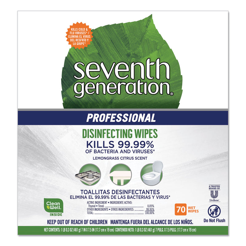 Seventh Generation Disinfecting Multi-Surface Wipes, 8 x 7, Lemongrass Citrus, 70/Canister, 6 Canisters/Carton