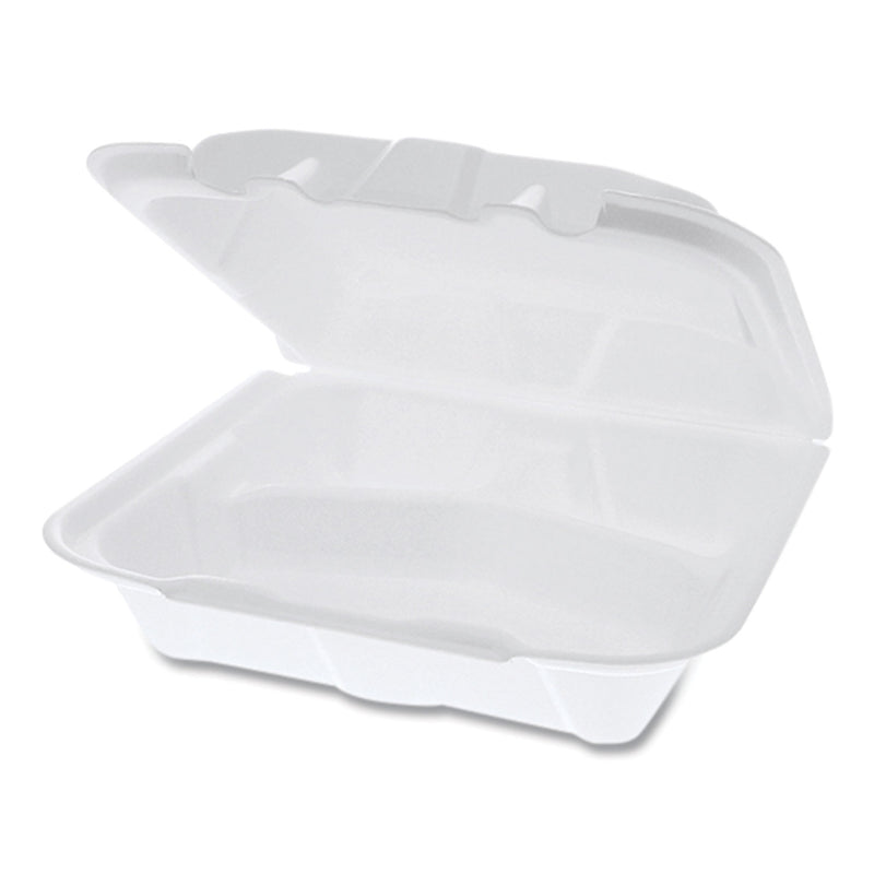 Pactiv Evergreen Vented Foam Hinged Lid Container, Dual Tab Lock, 3-Compartment, 8.42 x 8.15 x 3, White, 150/Carton