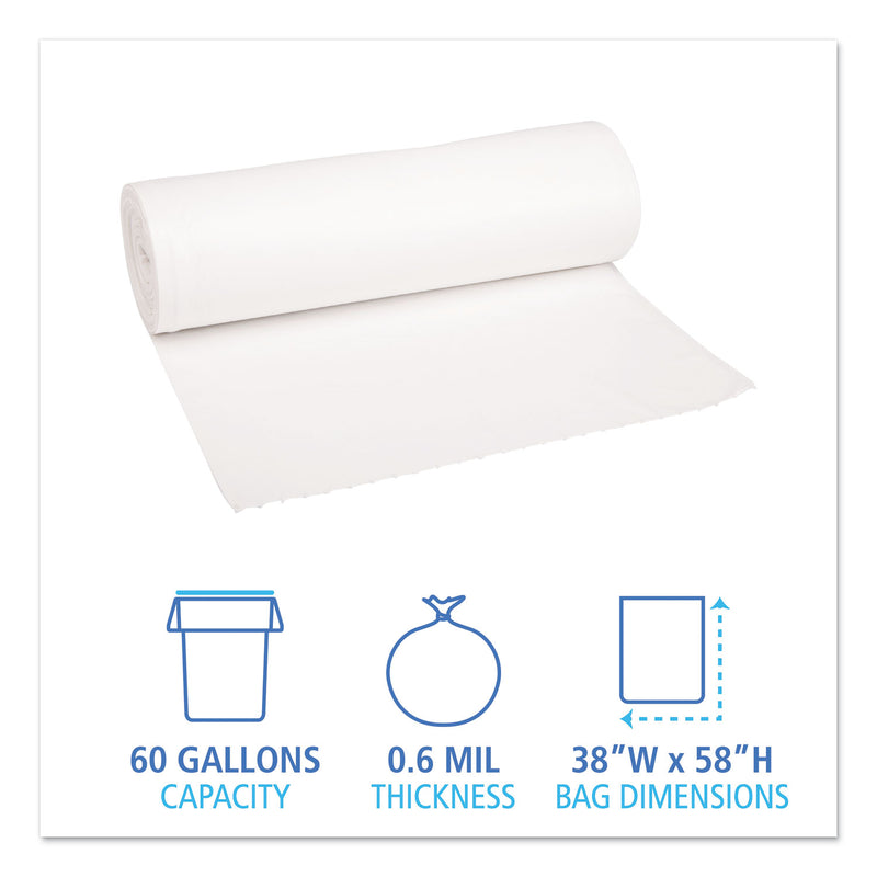 Boardwalk Low-Density Waste Can Liners, 60 gal, 0.6 mil, 38" x 58", White, 100/Carton