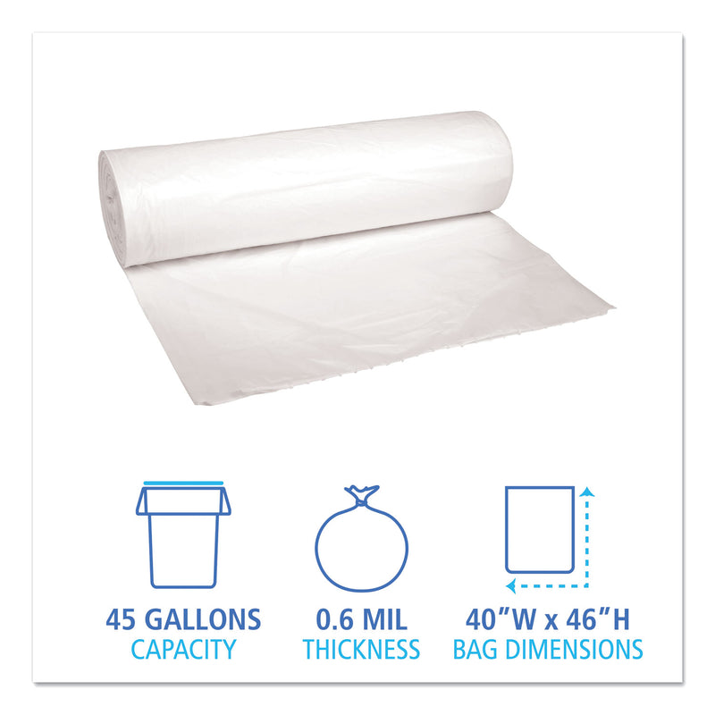 Boardwalk Low-Density Waste Can Liners, 45 gal, 0.6 mil, 40" x 46", White, 100/Carton