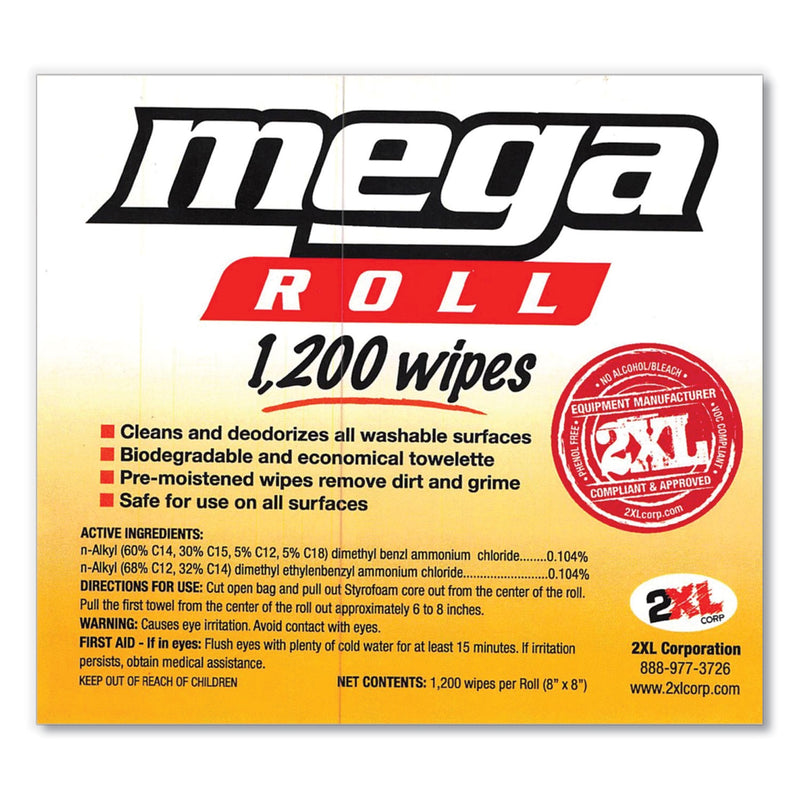 2XL Gym Wipes Mega Roll Refill, 8 x 8, White, 1,200/Roll, 2 Rolls/Carton