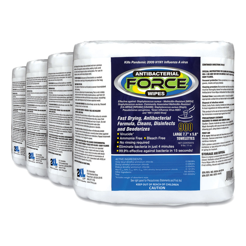 2XL FORCE Disinfecting Wipes Refill, 6 x 8, Unscented, White, 900/Pack, 4/Carton