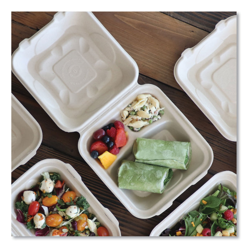 World Centric Fiber Hinged Containers, 3-Compartments, 9 x 9 x 3, Natural, Paper, 300/Carton
