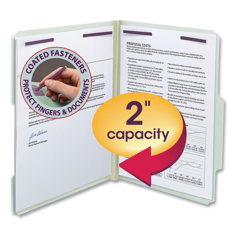 Smead Recycled Pressboard Folders with Two SafeSHIELD Coated Fasteners, 2" Expansion, 2/5-Cut: R of C, Letter, Gray-Green, 25/Box