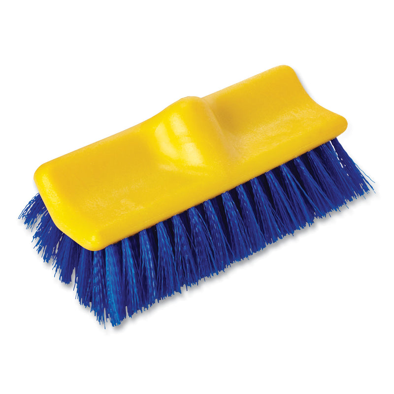 Rubbermaid Bi-Level Deck Scrub Brush, Blue Polypropylene Bristles, 10" Brush, 10" Plastic Block, Threaded Hole