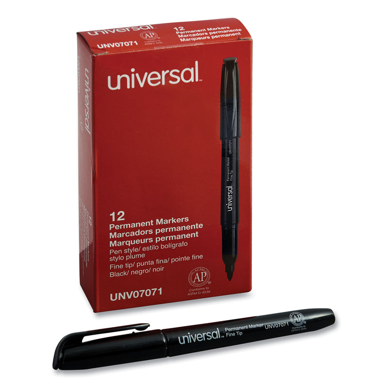Universal Pen-Style Permanent Marker, Fine Bullet Tip, Black, Dozen