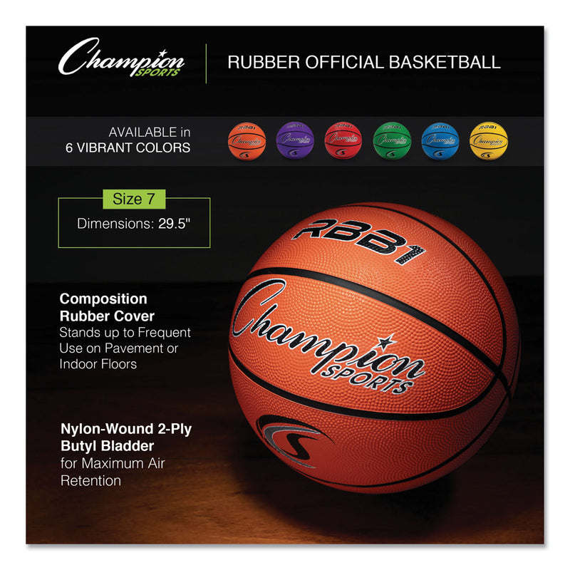 Champion Sports Rubber Sports Ball, For Basketball, No. 7 Size, Official Size, Orange