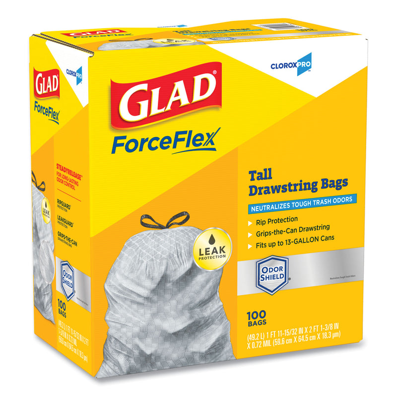 Glad ForceFlex Tall Kitchen Drawstring Trash Bags, 13 gal, 0.72 mil, 23.75" x 24.88", Gray, 100/Box