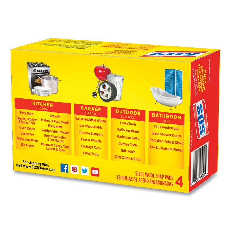 S.O.S. Steel Wool Soap Pad, Steel, 4/Box, 24 Boxes/Carton