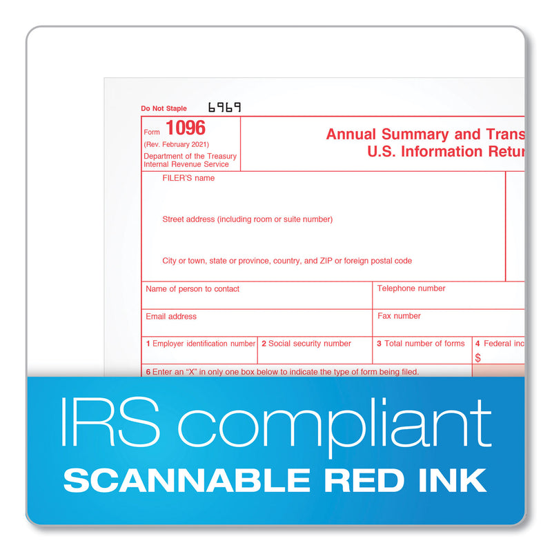 TOPS 1096 Summary Transmittal Tax Forms, Two-Part Carbonless, 8 x 11, 1/Page, 10 Forms
