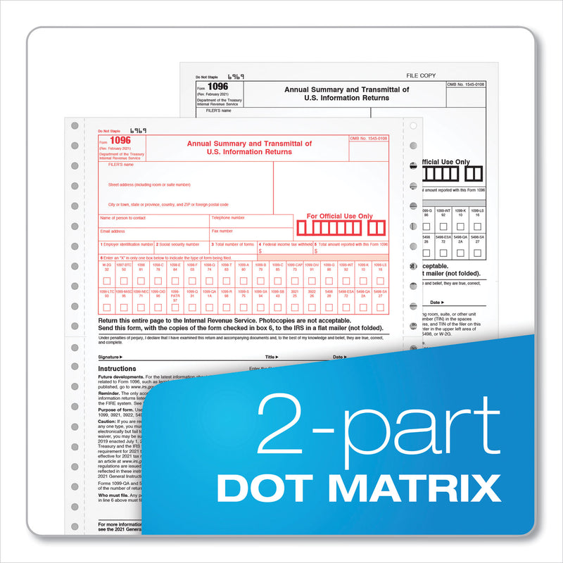 TOPS 1096 Summary Transmittal Tax Forms, Two-Part Carbonless, 8 x 11, 1/Page, 10 Forms
