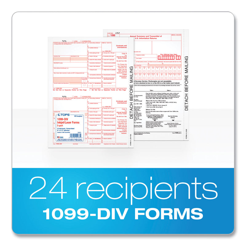 TOPS 1099-Div Tax Forms, Five-Part Carbonless, 5.5 x 8, 2/Page, (24) 1099s and (1) 1096
