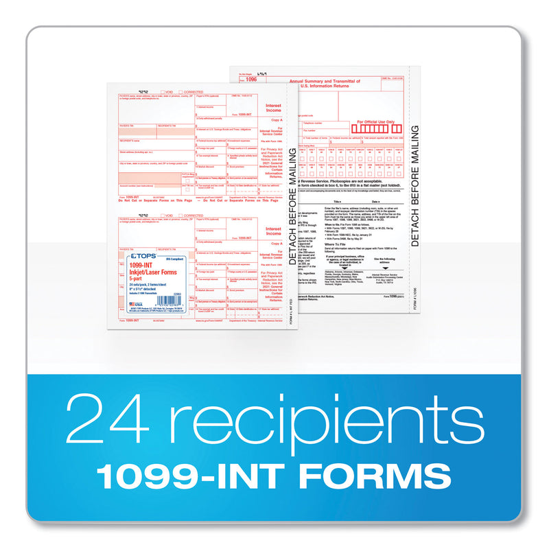TOPS 1099-INT Tax Forms, Five-Part Carbonless, 5.5 x 8, 2/Page, 24 Forms