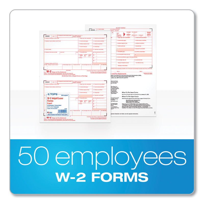TOPS W-2 Tax Forms, Six-Part Carbonless, 5.5 x 8.5, 2/Page, (50) W-2s and (1) W-3