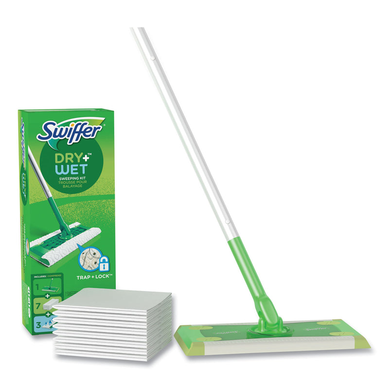 Swiffer Sweeper Mop, 10 x 4.8 White Cloth Head, 46" Green/Silver Aluminum/Plastic Handle, 6/Carton