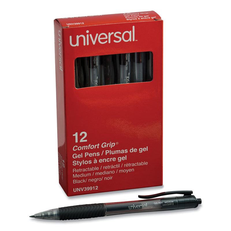 Universal Comfort Grip Gel Pen, Retractable, Medium 0.7 mm, Black Ink, Smoke Barrel, Dozen