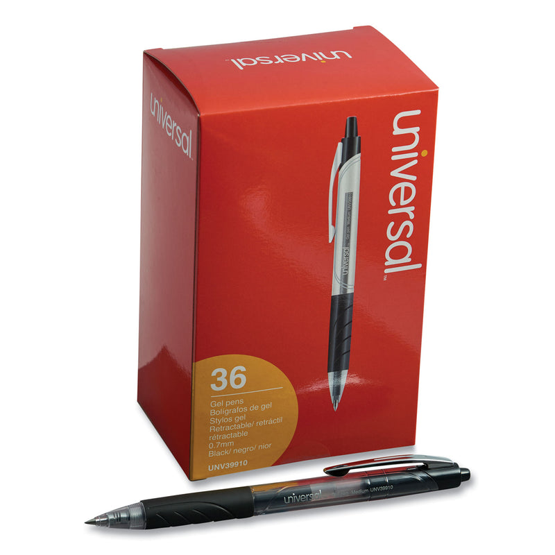 Universal Comfort Grip Gel Pen, Retractable, Medium 0.7 mm, Black Ink, Clear/Black Barrel, 36/Pack