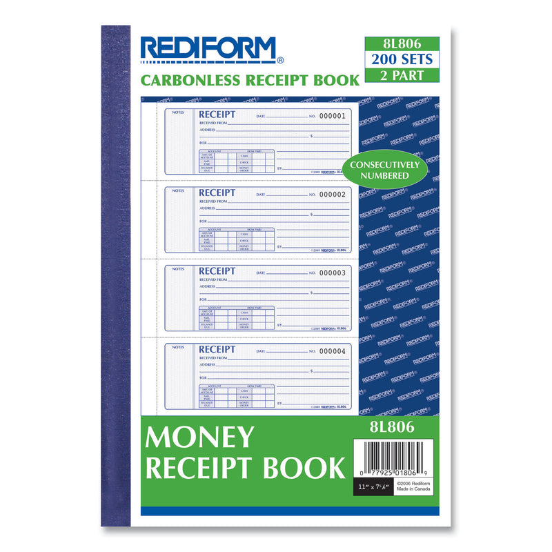 Rediform Money Receipt Book, Two-Part Carbonless, 7 x 2.75, 4/Page, 200 Forms